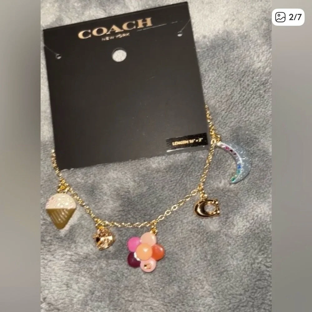 COACH Gold Multi-Charm Flower Pendant Necklace - - Picture 3 of 10